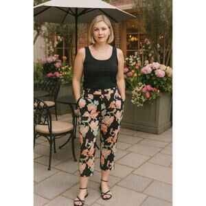 Chicos Perfect Stretch Slimming Floral Cropped Pants/BLK PINK Boho Plus Sz.16/XL
